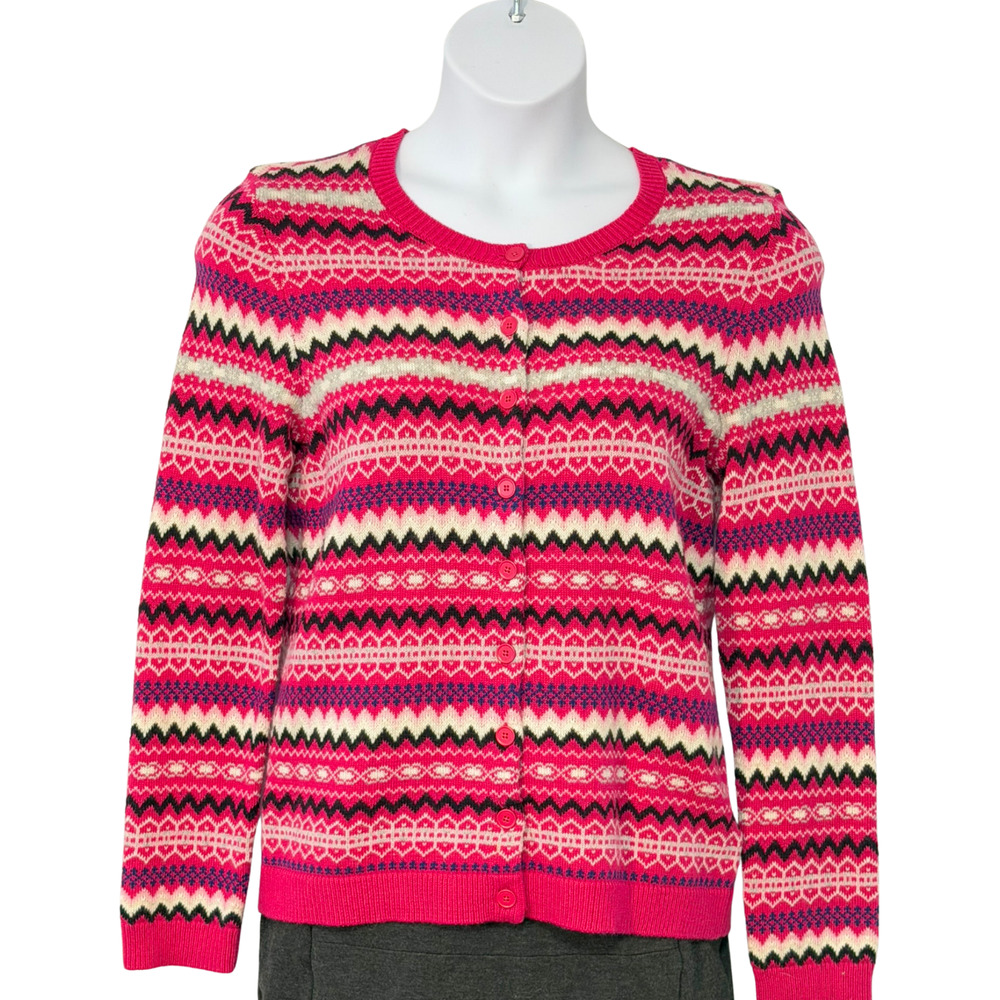 Talbots Sz M Crew Neck Cardigan Fair Isle Stripe Pink/White Lambswool Blend Knit